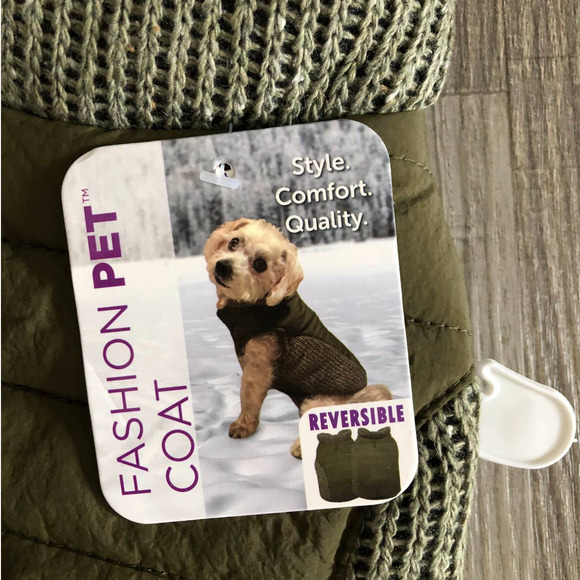 Fashion Pet Olive Warm Cozy Fleece Reversible Sweater Trim Puffy Knitted Coat - Picture 3 of 6